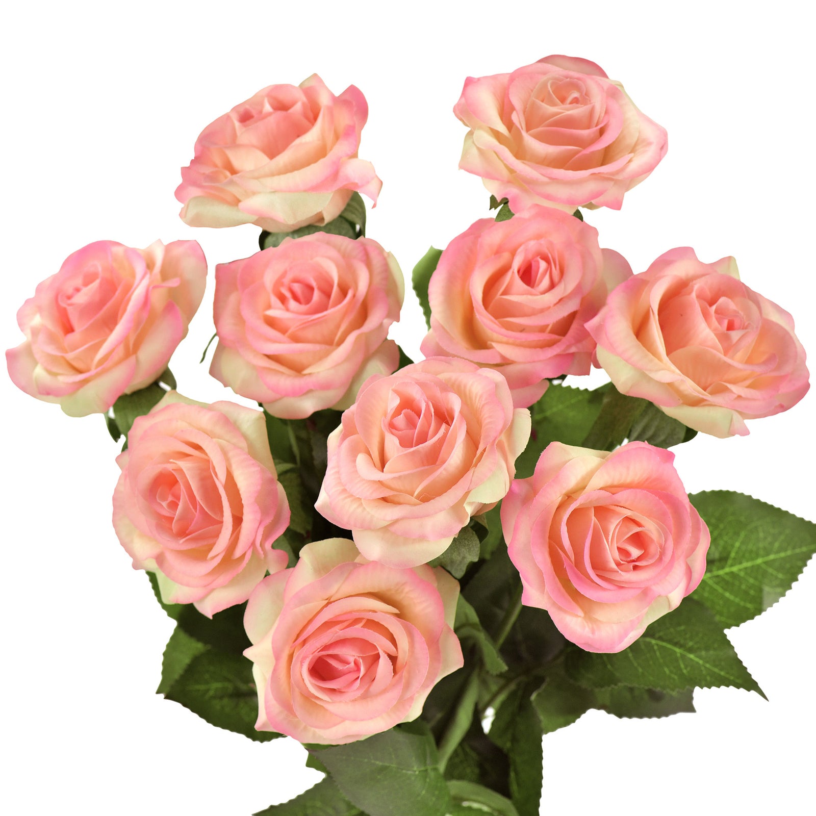 Love Peach Real Touch rose stems shown together with warm peach rose blooms.