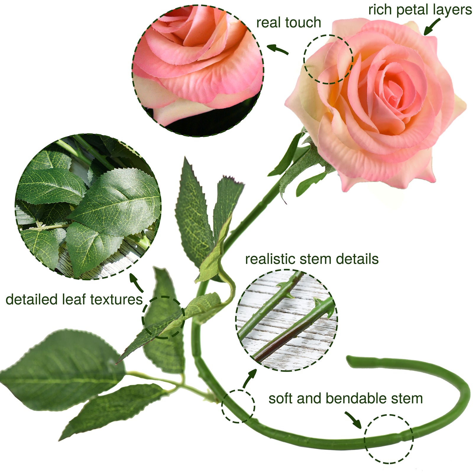 Love Peach Real Touch roses shown with layered blooms and green stems.