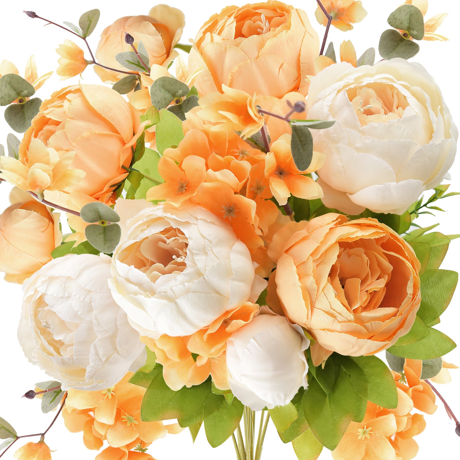 Lush orange and white peony arrangement with realistic petals, ideal for weddings, events, and festive décor