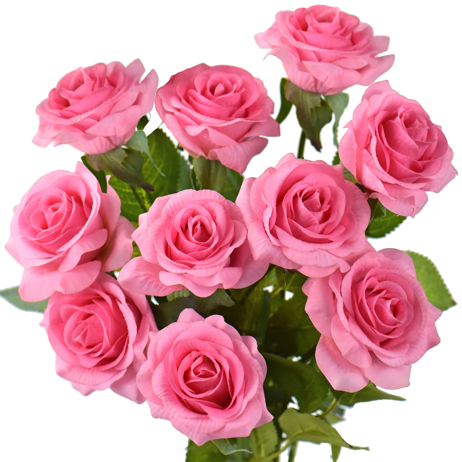 Magenta pink Real Touch rose stems shown together with saturated pink rose blooms.