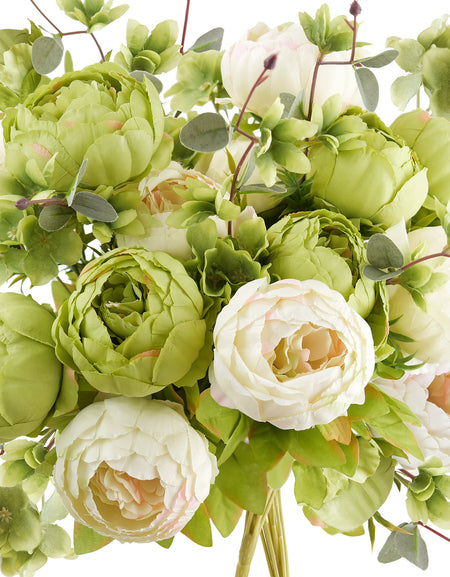 Moss green and cream artificial peony bouquet shown on a white background with layered blooms and greenery.