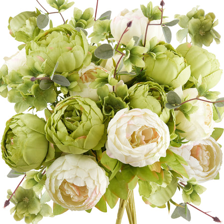 Moss green and cream artificial peony bouquet shown on a white background with layered blooms and greenery.