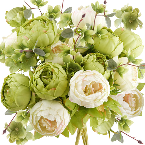 Moss green and cream artificial peony bouquet shown on a white background with layered blooms and greenery.