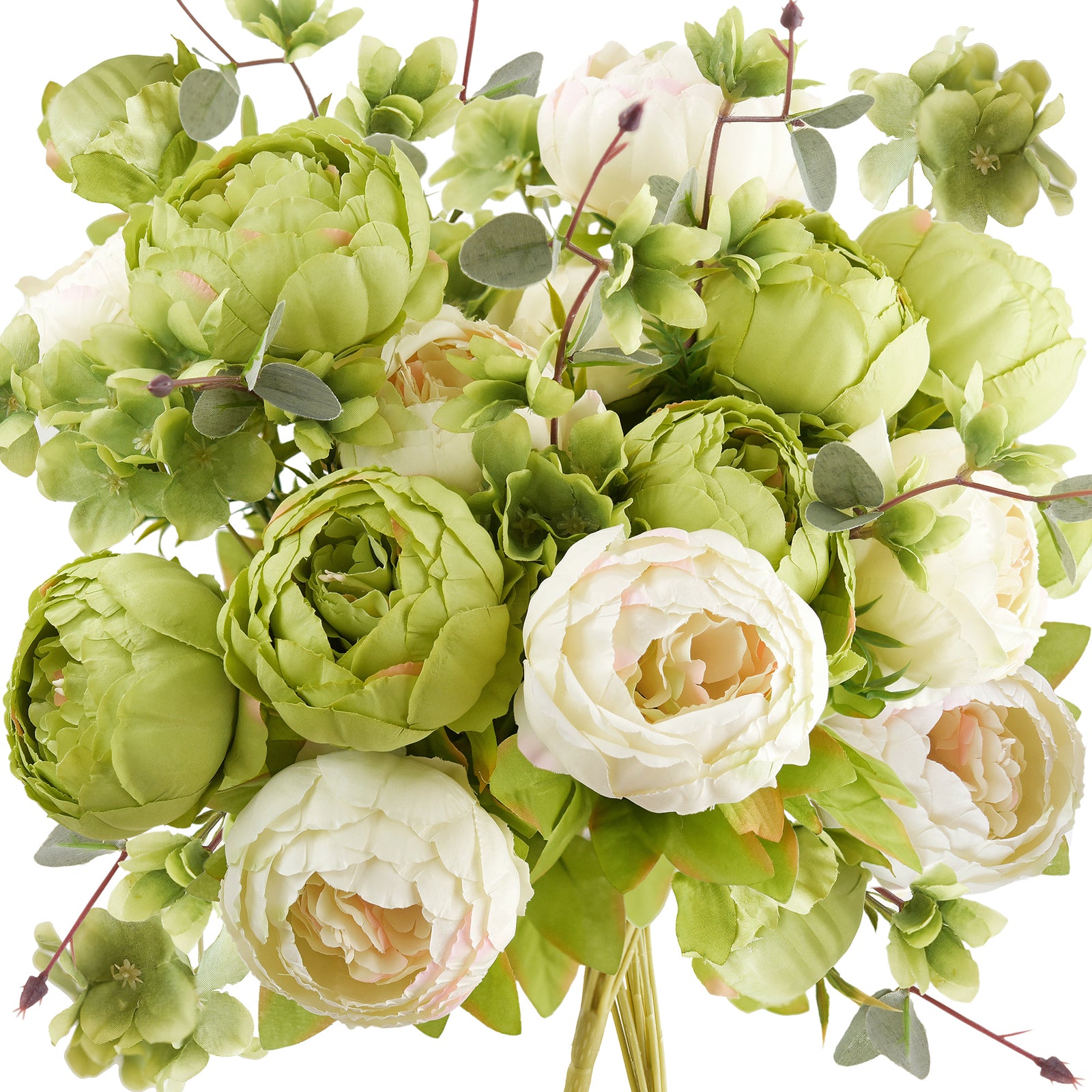 Moss green and cream artificial peony bouquet shown on a white background with layered blooms and greenery.