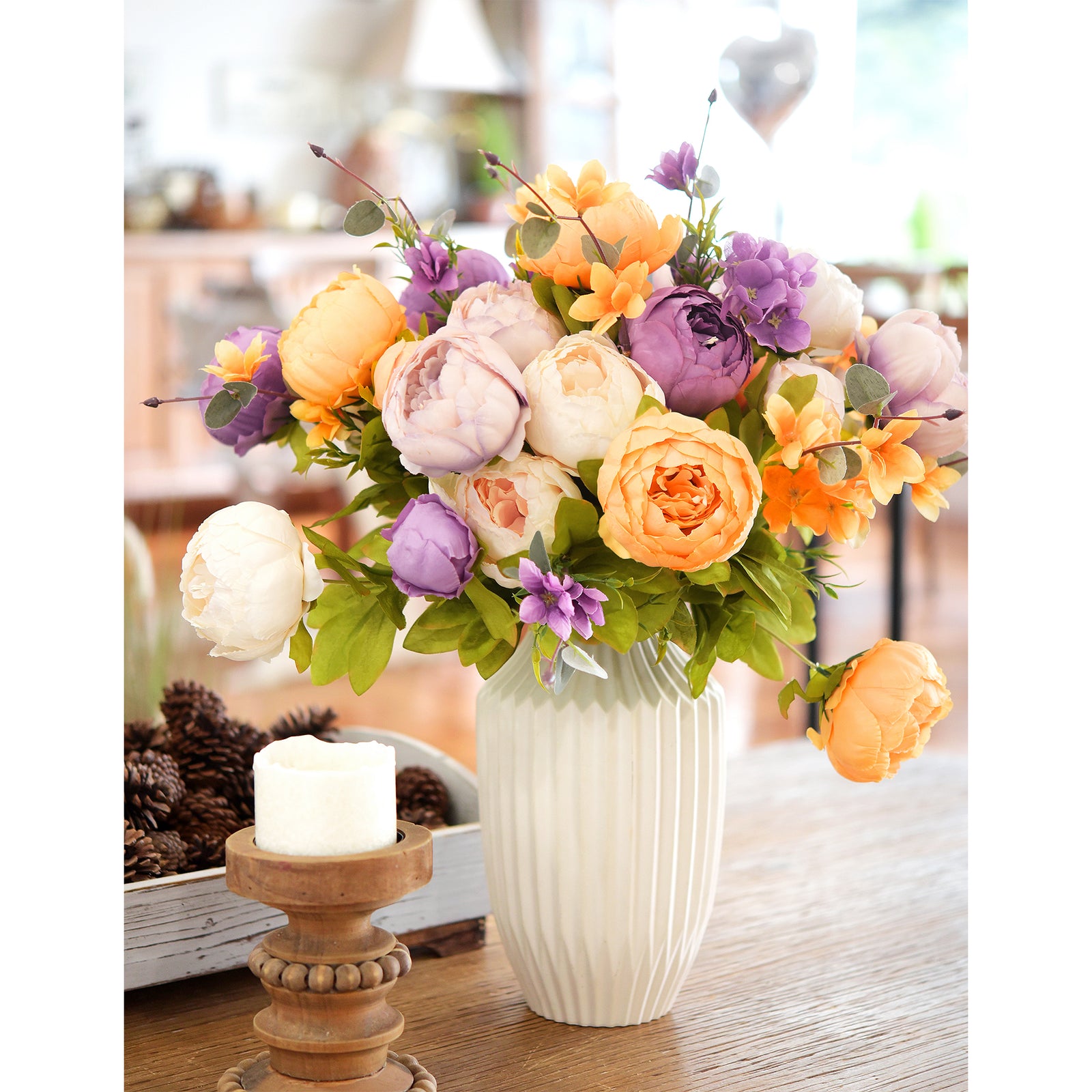  Multicolor floral arrangement with orange and purple peonies in a ribbed ceramic vase, perfect for festive occasions and home décor.