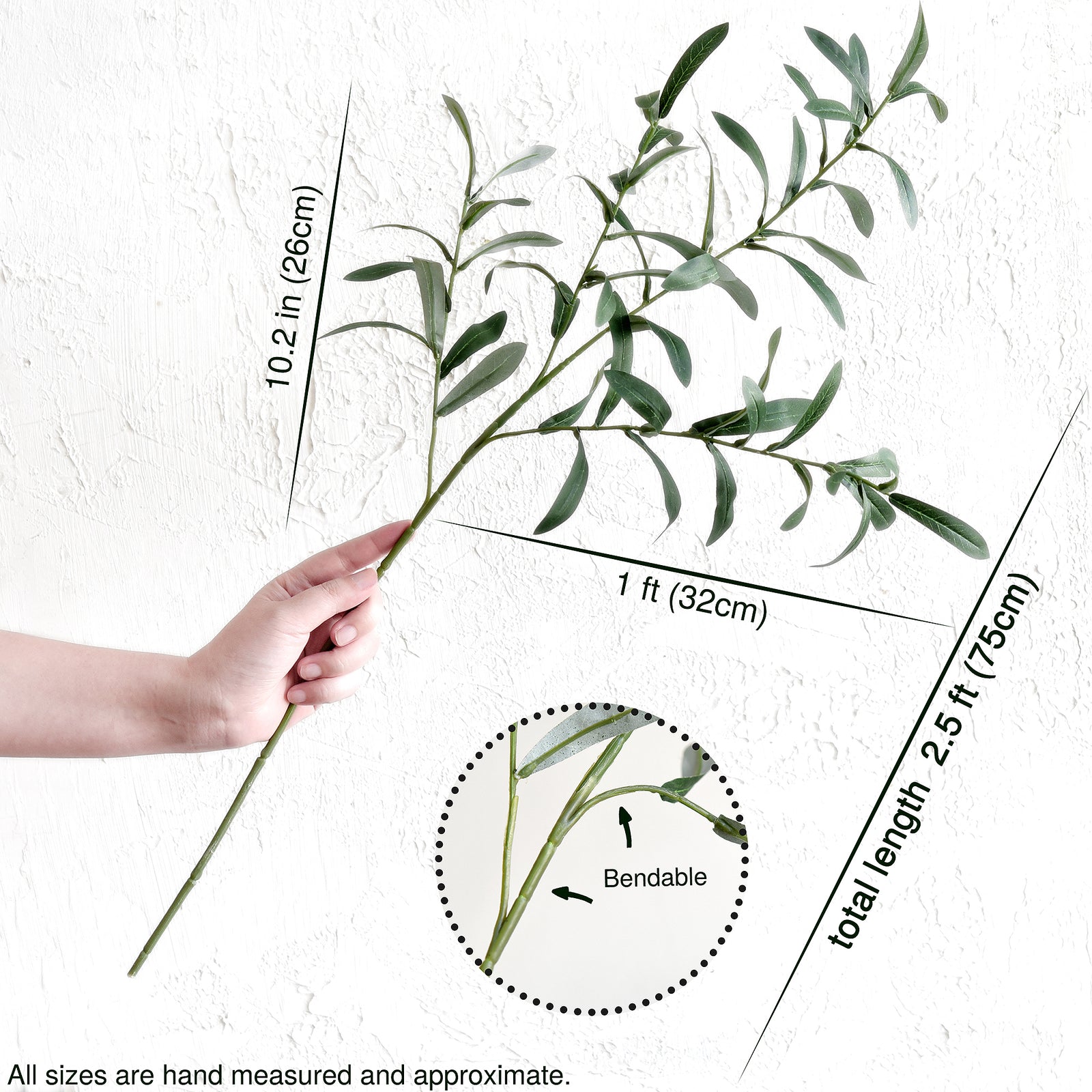 Measurement details of artificial olive branch stems showing a bendable design for DIY floral projects and creative arrangements.