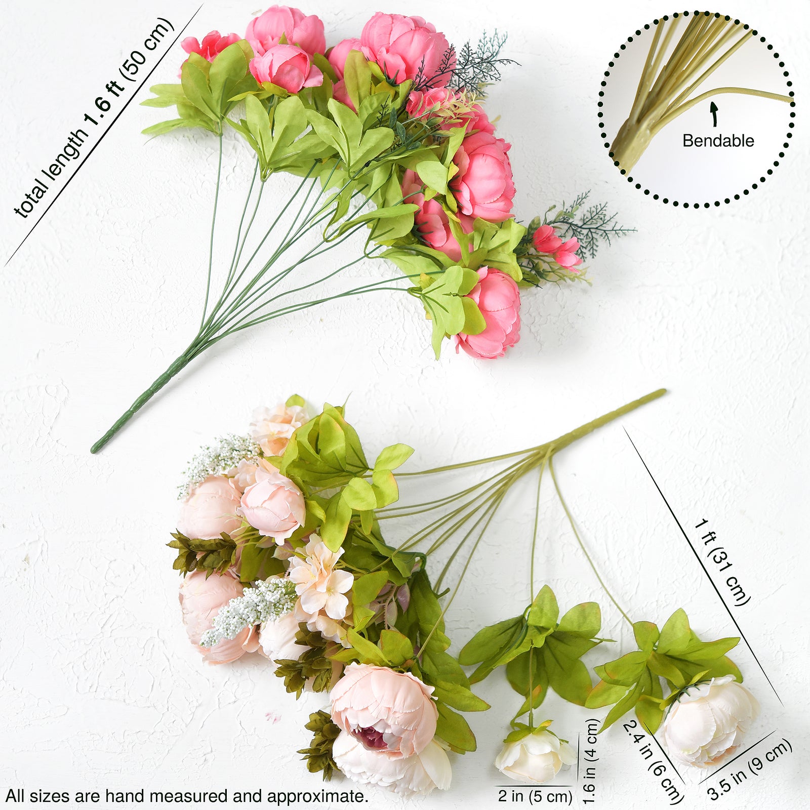 Two artificial peony bouquet bundles laid flat, with labeled dimensions showing realistic stem length and bloom sizes.