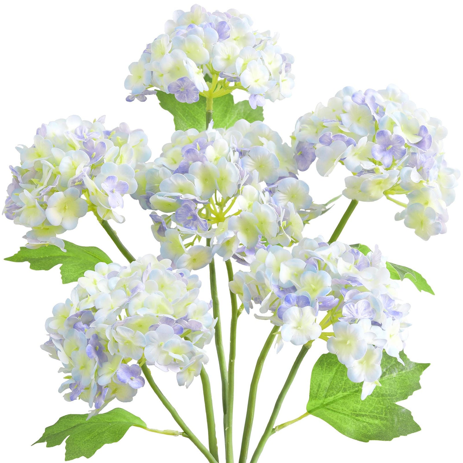 Six periwinkle and white real touch hydrangea stems with rounded blooms and green leaves on a white background.