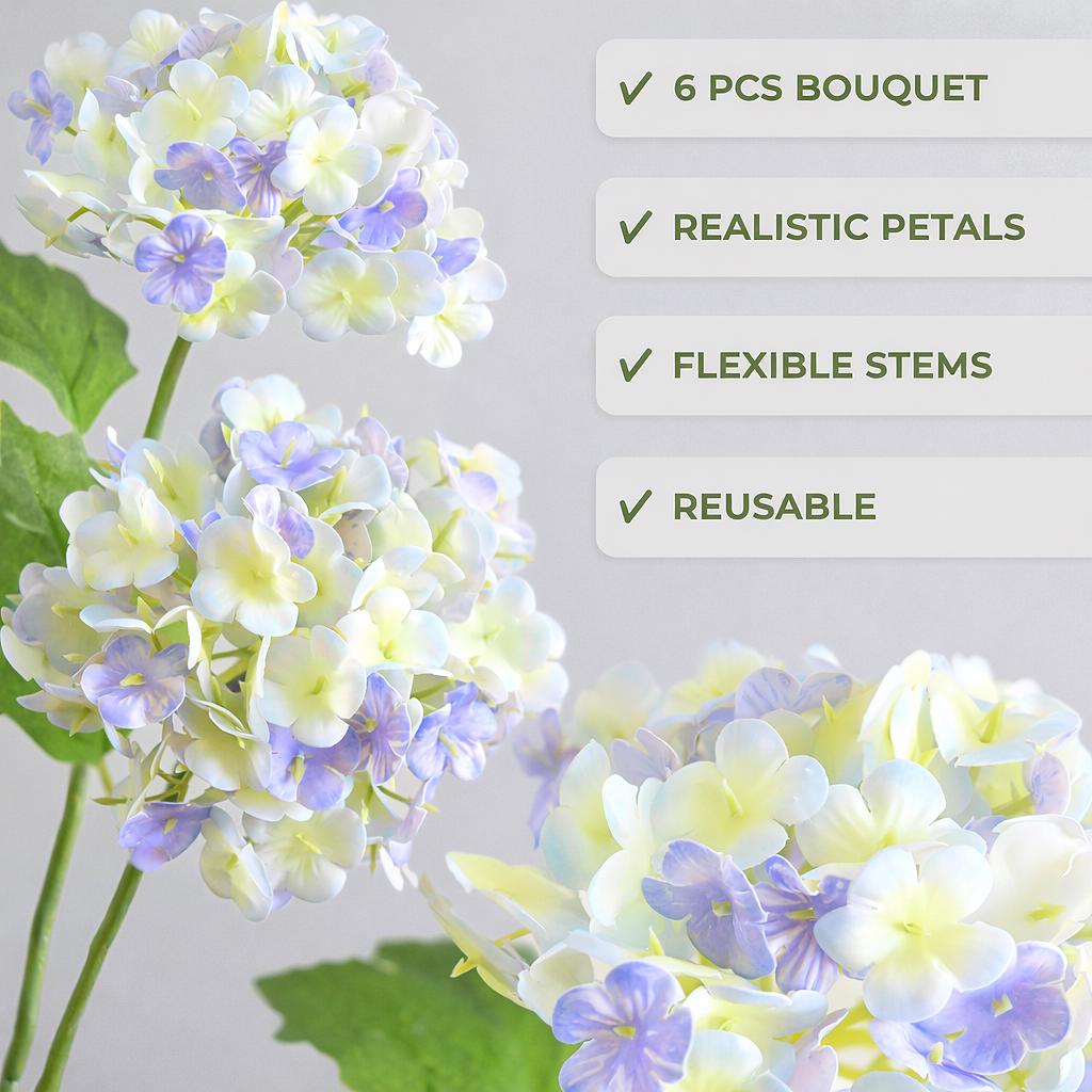 Periwinkle and white real touch hydrangea features graphic showing a six-stem bouquet and flexible stems.