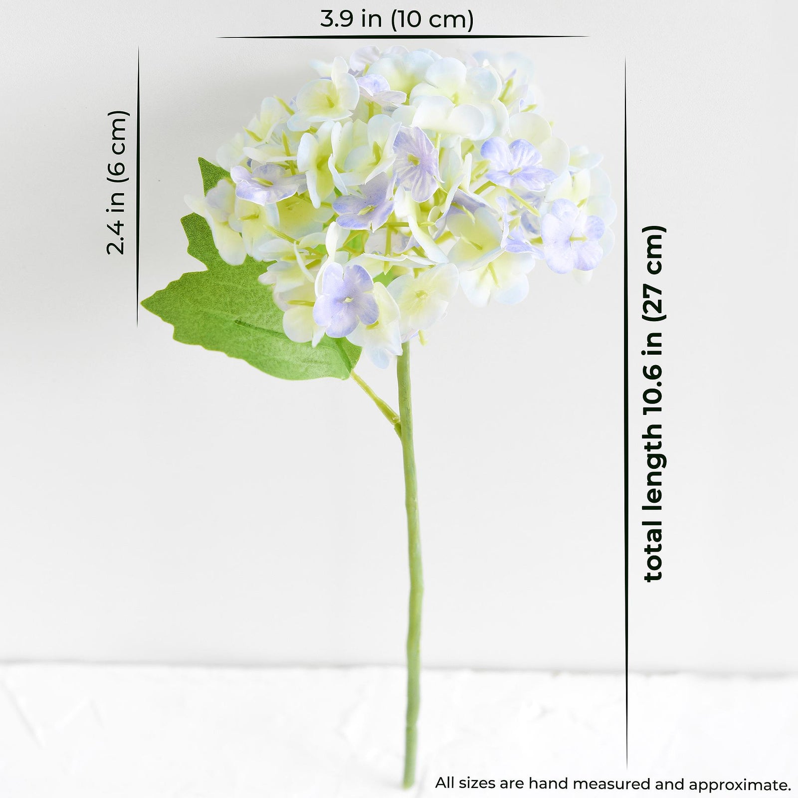 Size guide for one periwinkle and white real touch hydrangea stem showing approximate measurements.
