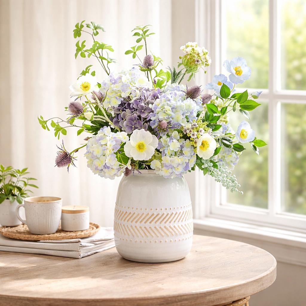 Periwinkle and white hydrangea stems styled in a mixed floral arrangement on a wooden table.