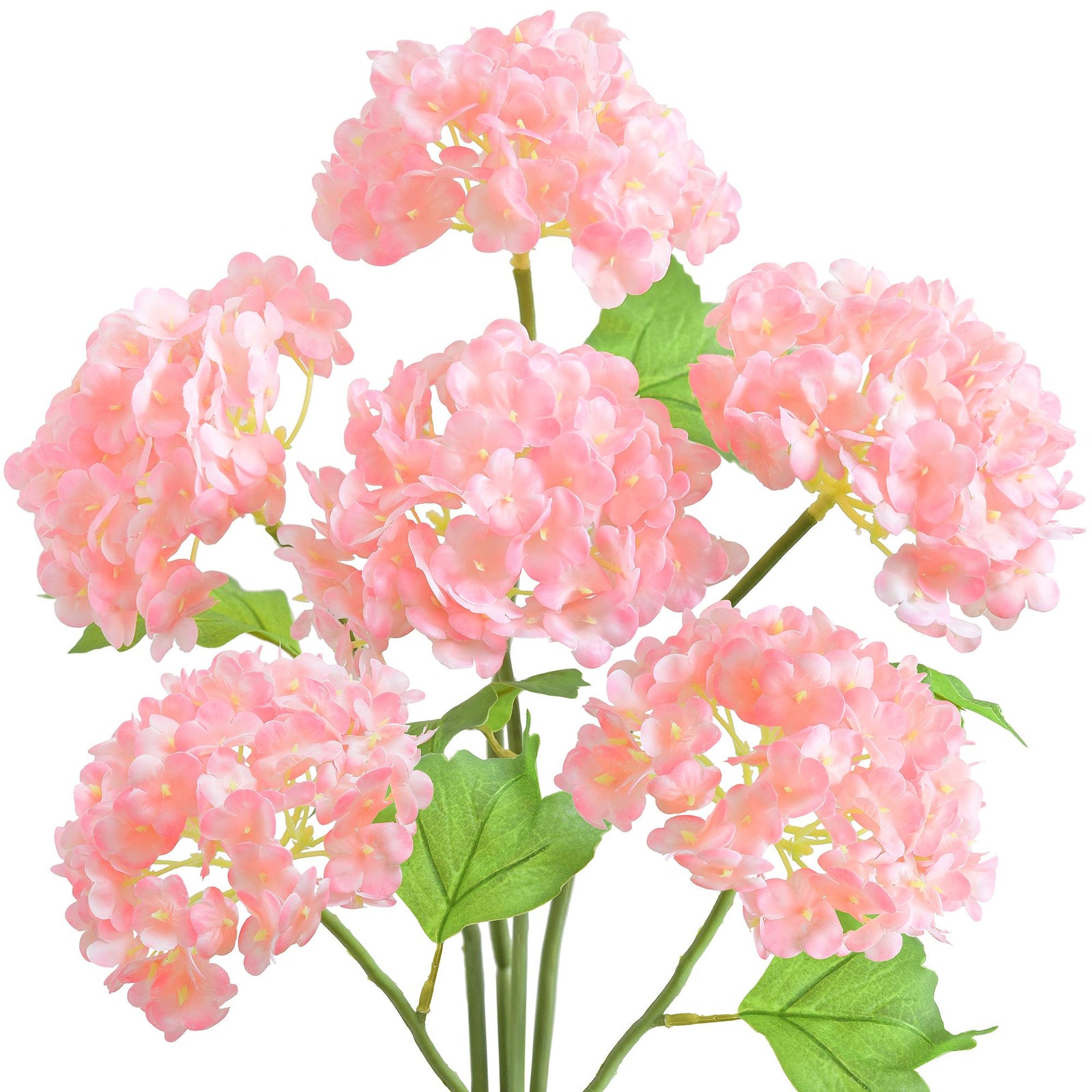 Six pink real touch hydrangea stems with rounded blooms and green leaves on a white background.