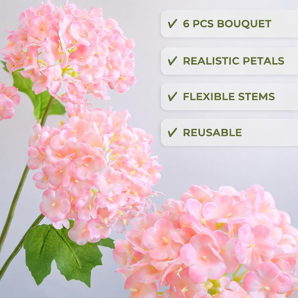 Pink real touch hydrangea features graphic showing a six-stem bouquet, flexible stems and reusable design.