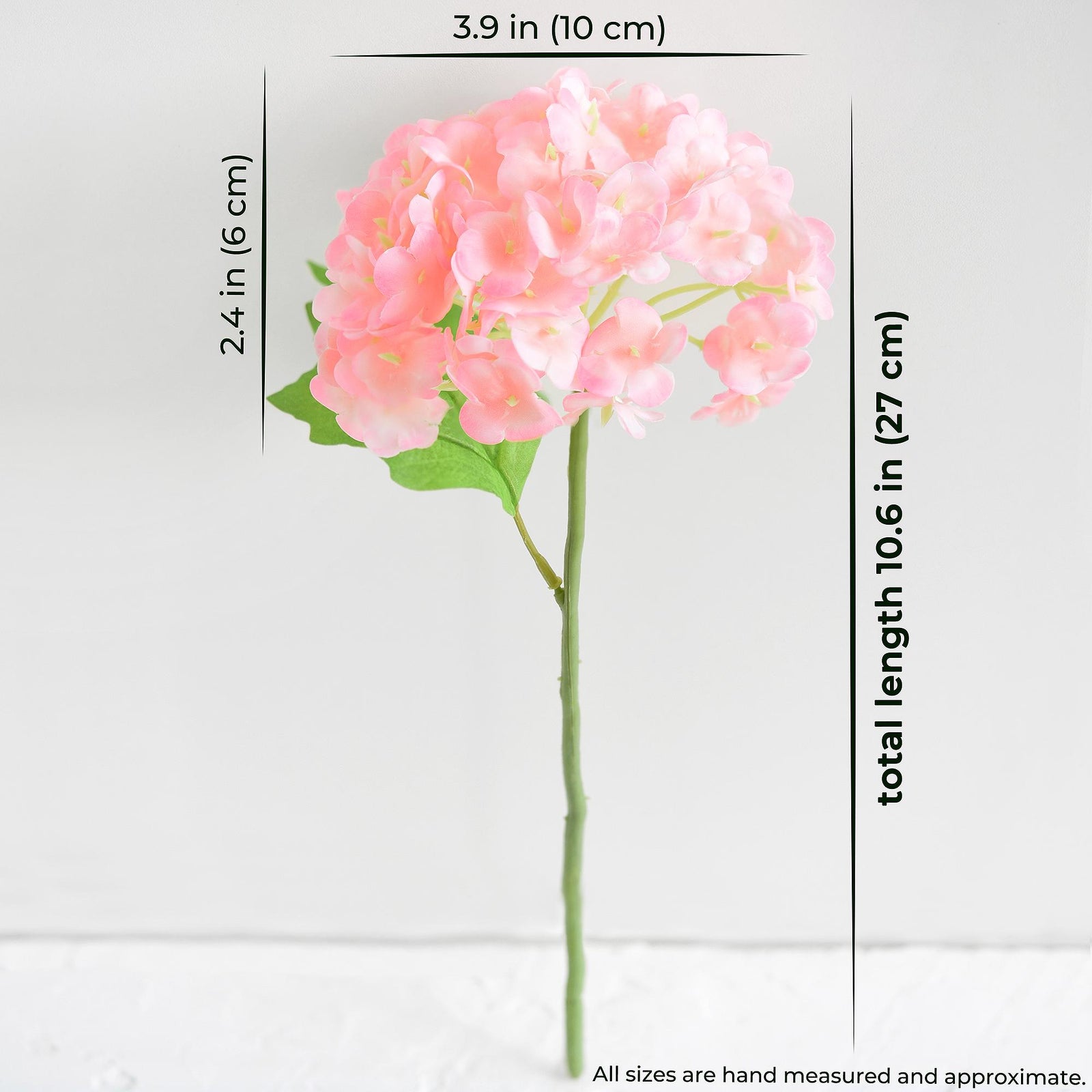 Size guide for one pink real touch hydrangea stem showing approximate length and bloom measurements.