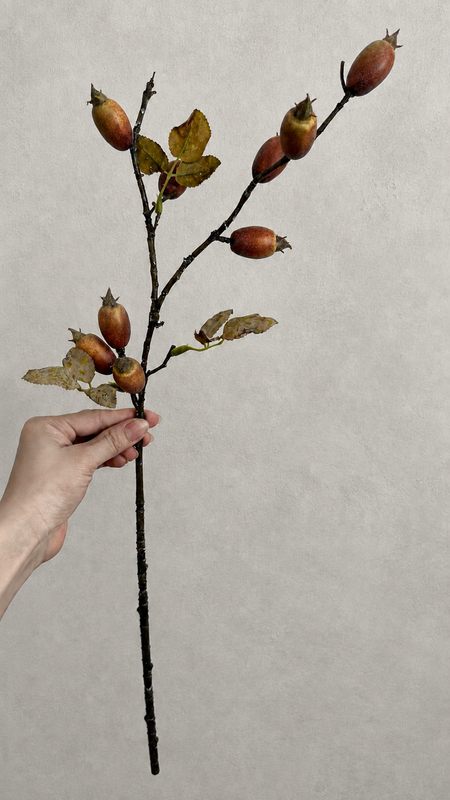 Rustic brown red faux rosehip berry branch, 23.6 inch decorative stem