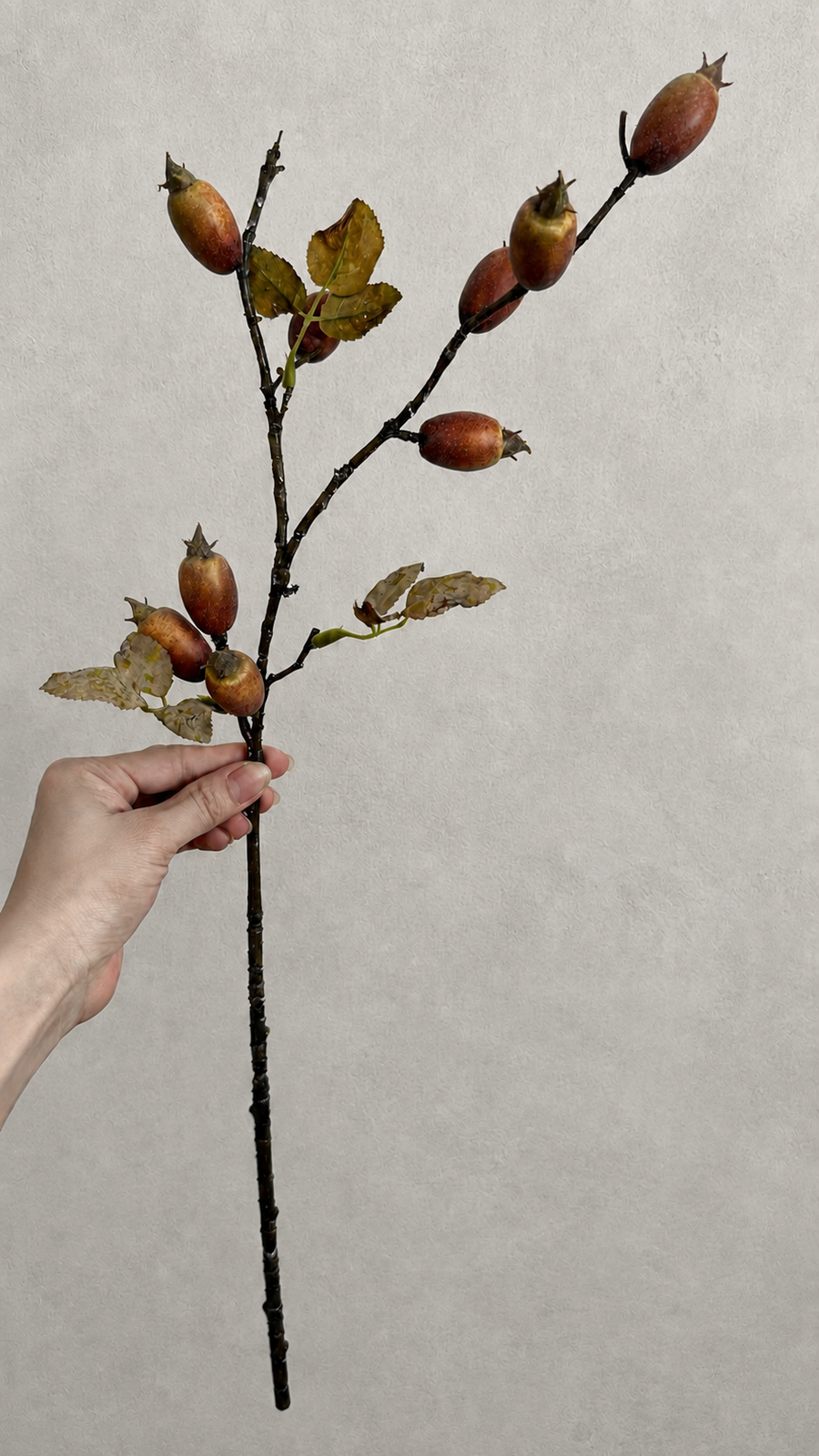 Rustic brown red faux rosehip berry branch, 23.6 inch decorative stem