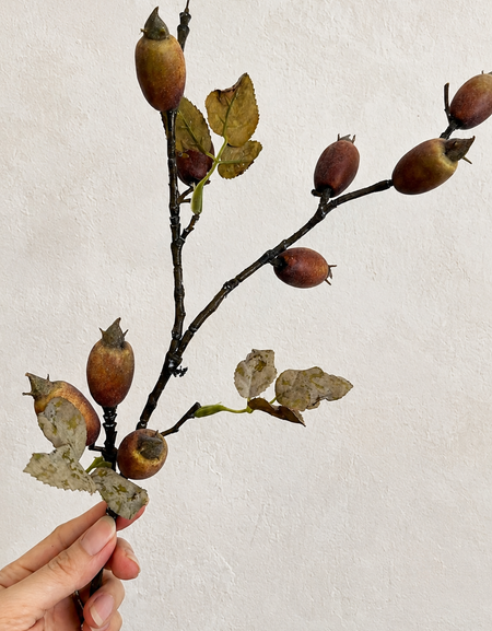 Hand-held rustic brown red faux rosehip branch showing berries and mottled leaves.