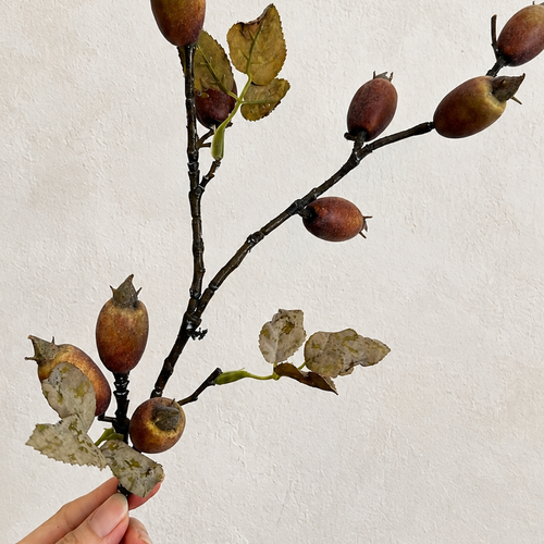 Rustic brown red faux rosehip berry branch, 23.6 inch full stem