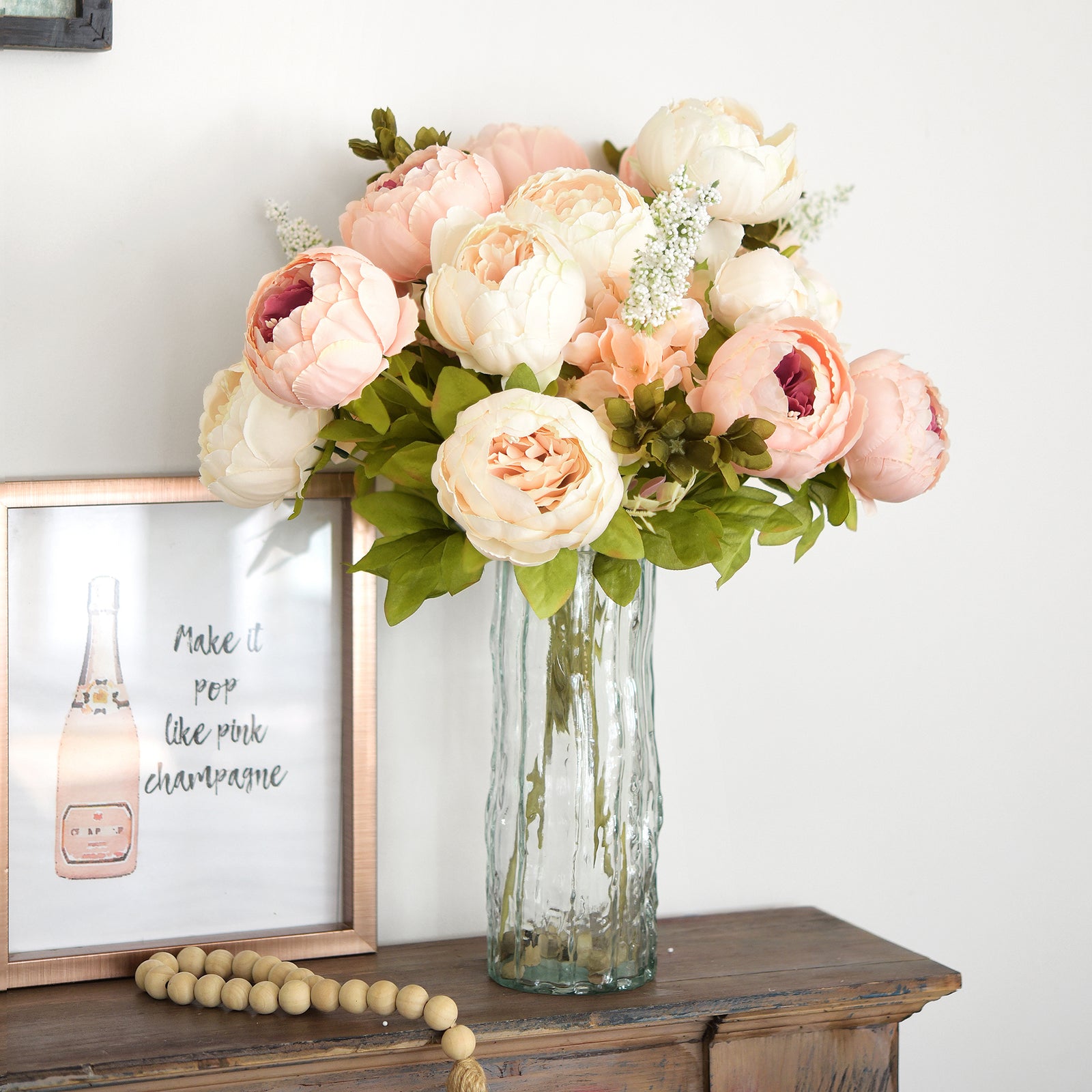 Seasonal peony flower centerpiece in pink and white tones, perfect for spring and summer décor