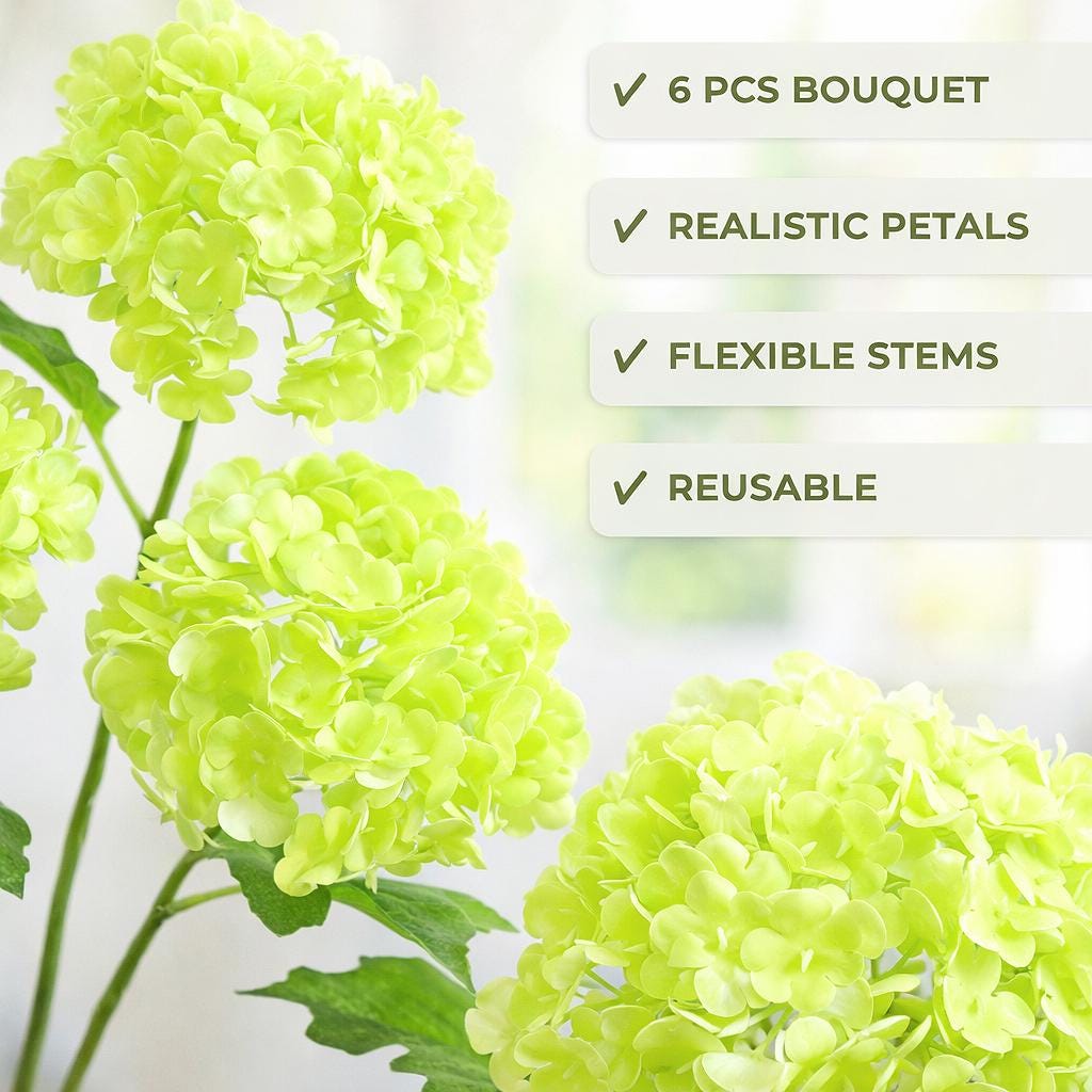 Spring green real touch hydrangea features graphic showing a six-stem bouquet, flexible stems and reusable design.