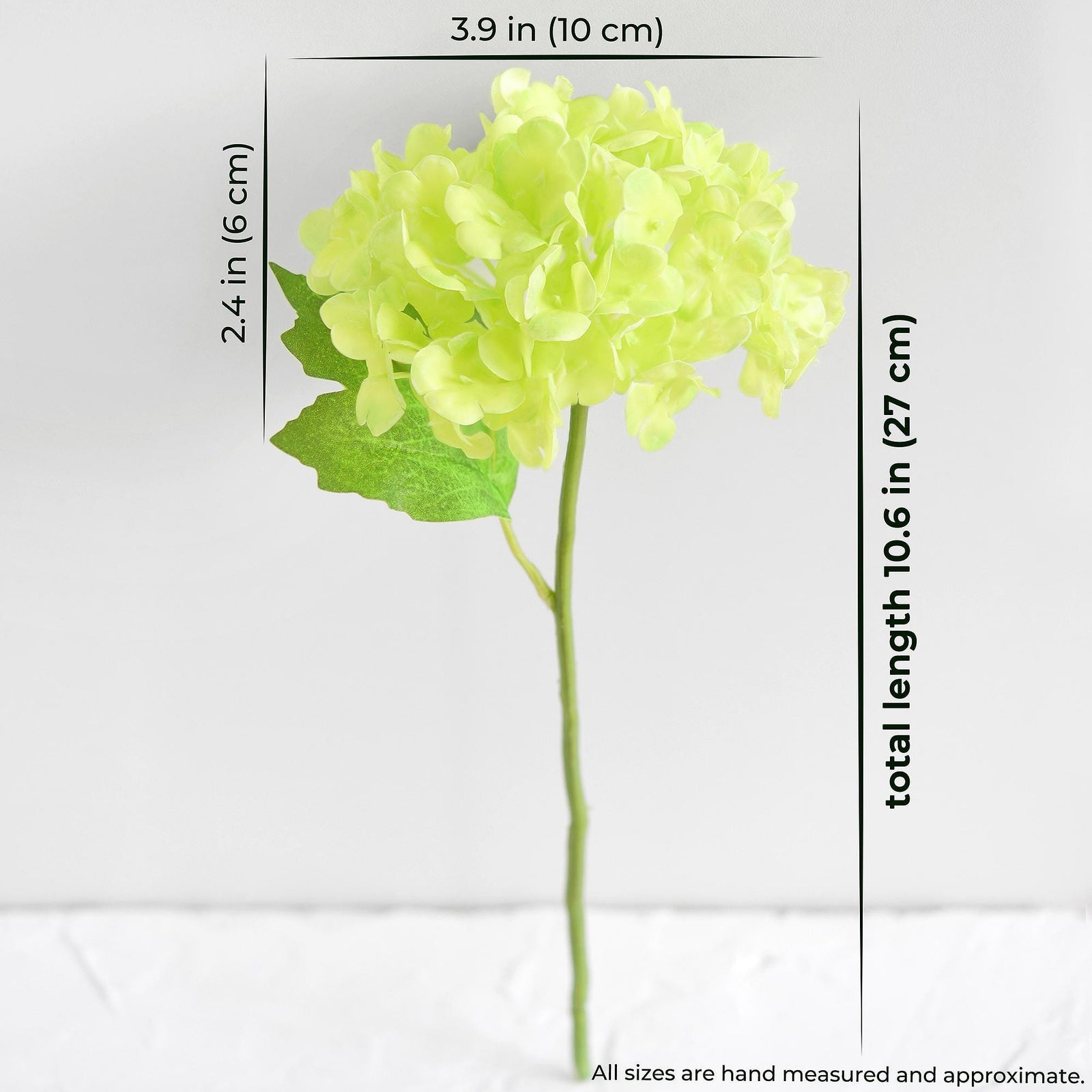 Size guide for one spring green real touch hydrangea stem showing approximate length and bloom measurements.
