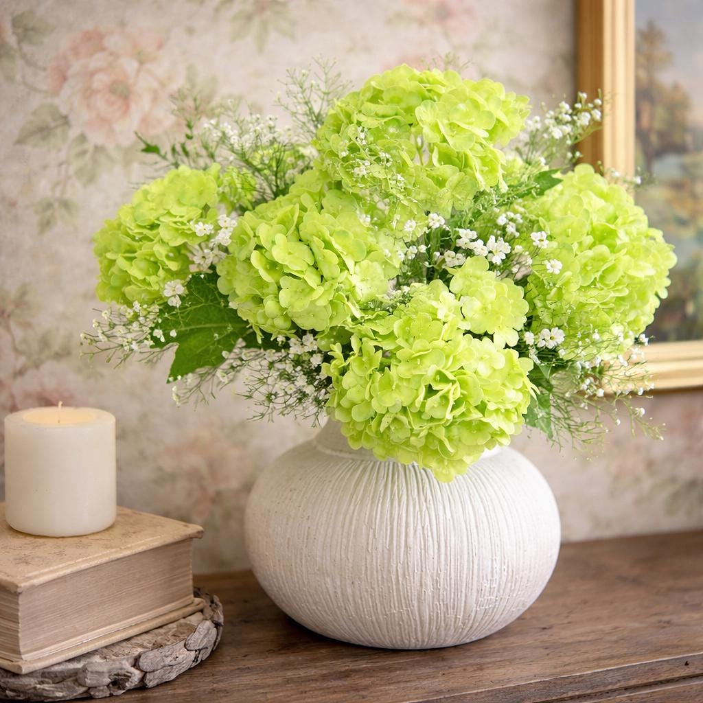 Spring green real touch hydrangea stems arranged with greenery in a round white vase.