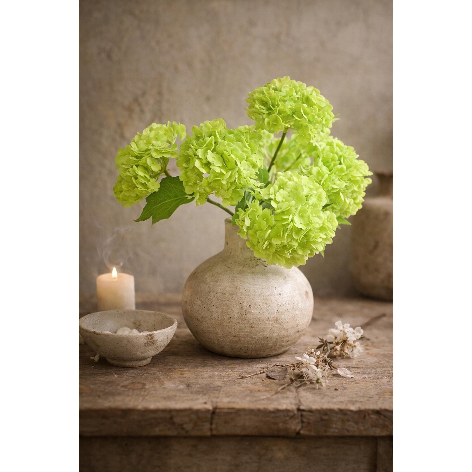 Spring green hydrangea stems styled in a round textured vase on a rustic tabletop.
