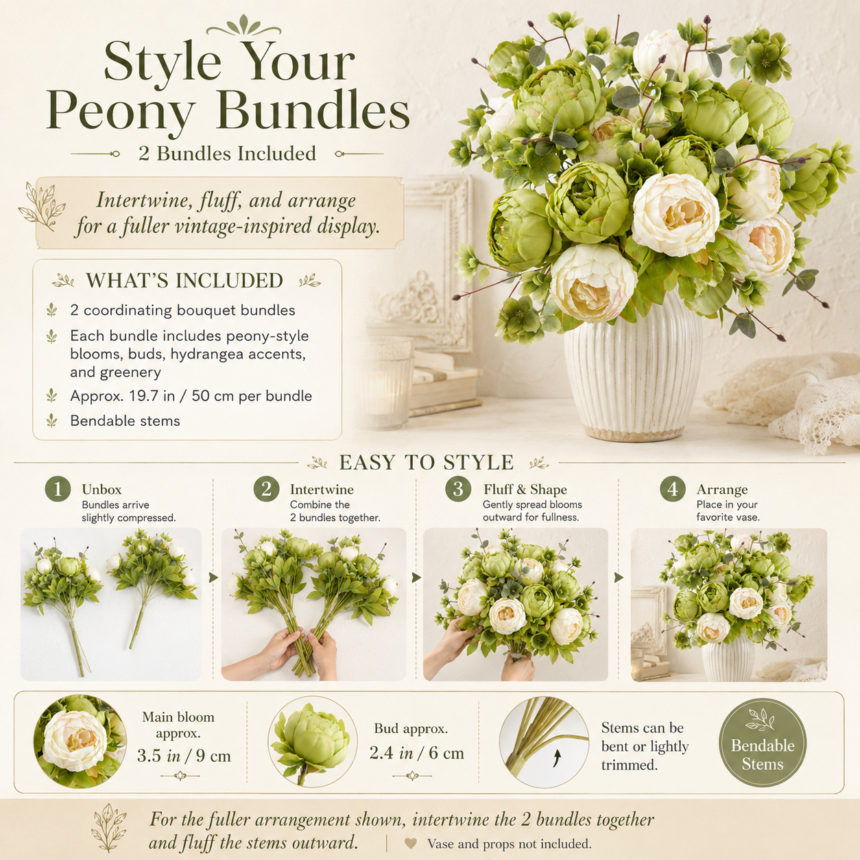 Infographic showing two peony bouquet bundles included with steps to intertwine, fluff, and arrange.