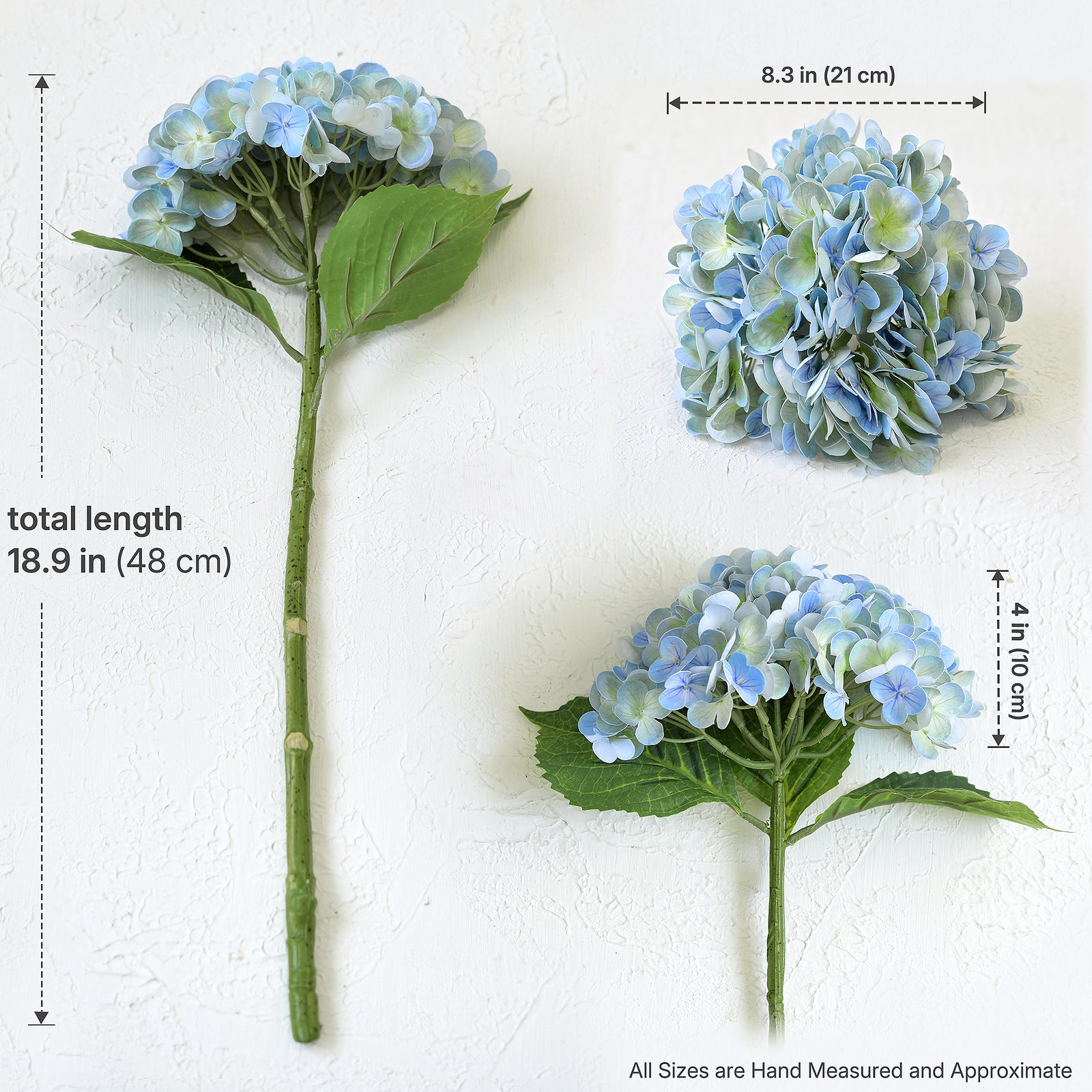 Vintage blue green hydrangea size guide: 18.9-inch stem, 8.3-inch flower width and approximately 4-inch flower height.