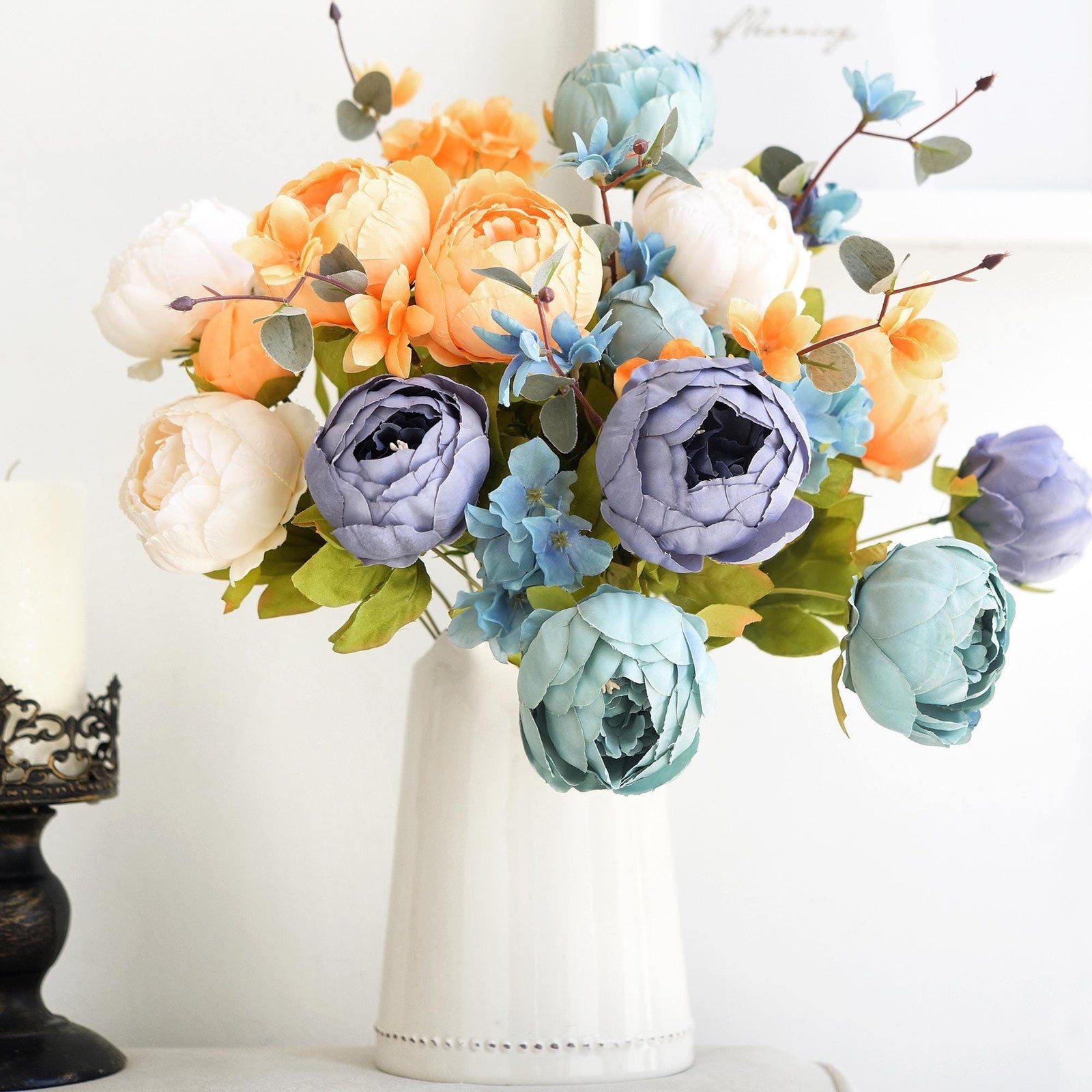 Vintage Peaceful silk peony bouquets shown together with layered blooms and mixed floral accents.