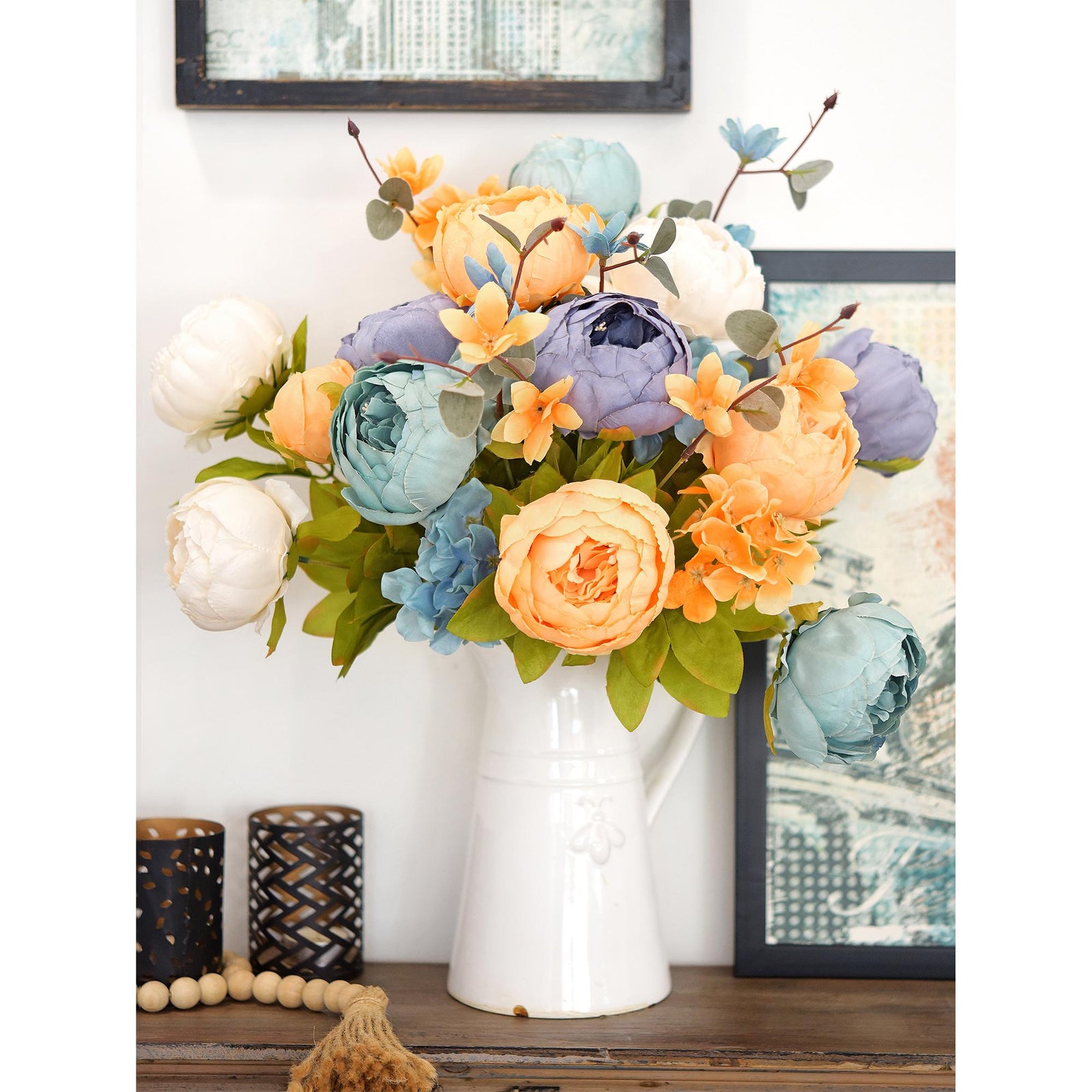 Vintage Peaceful artificial peony bouquets showing layered flowers and coordinating accents.