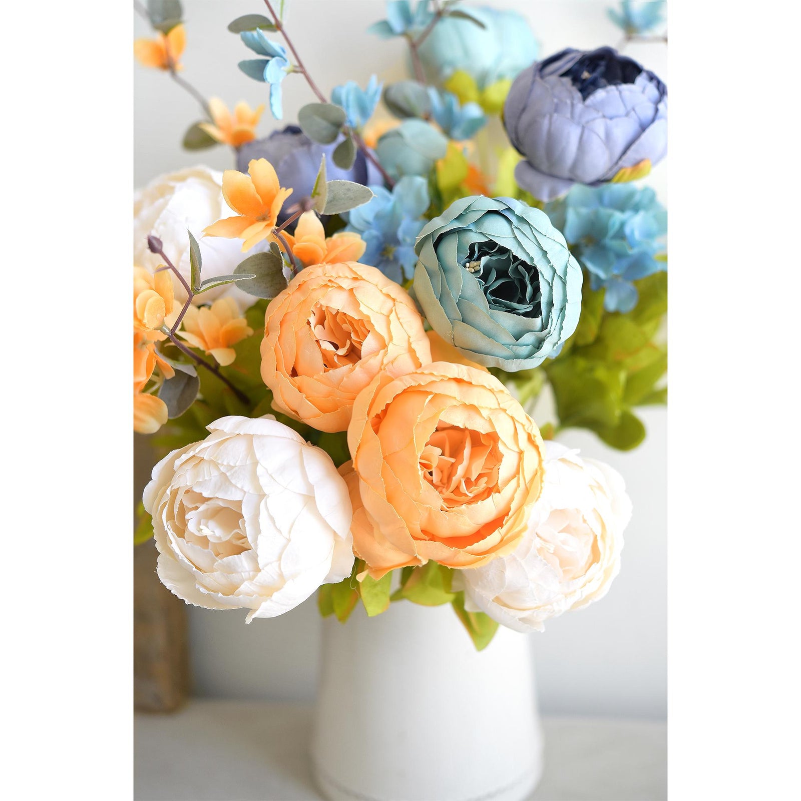 Vintage Peaceful silk peony flowers shown with the bouquet's mixed botanical accents.