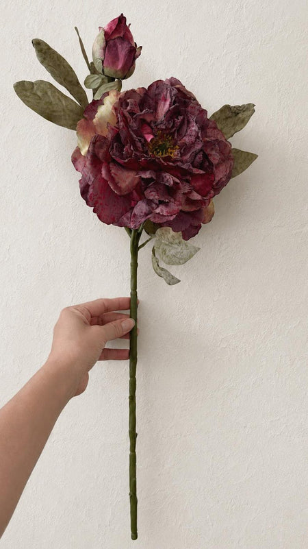 One dusty mauve artificial peony stem with an open bloom, buds and mottled green leaves on a white background.