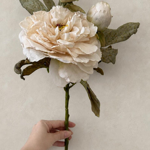 One ivory artificial peony stem with a large open flower, two buds and mottled green leaves on a white background.