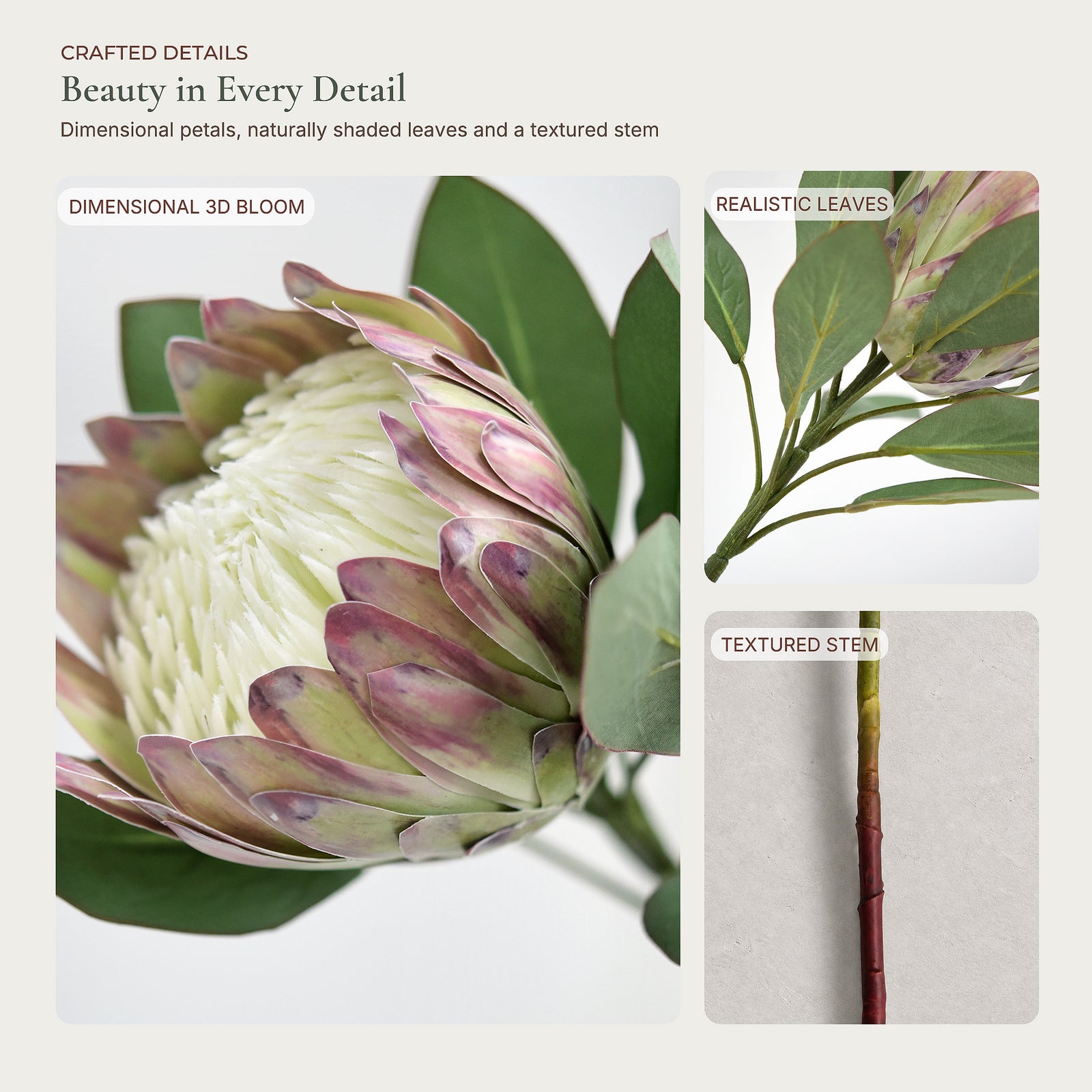 Artificial King Protea flower stem showing the white and chestnut bloom and foliage.
