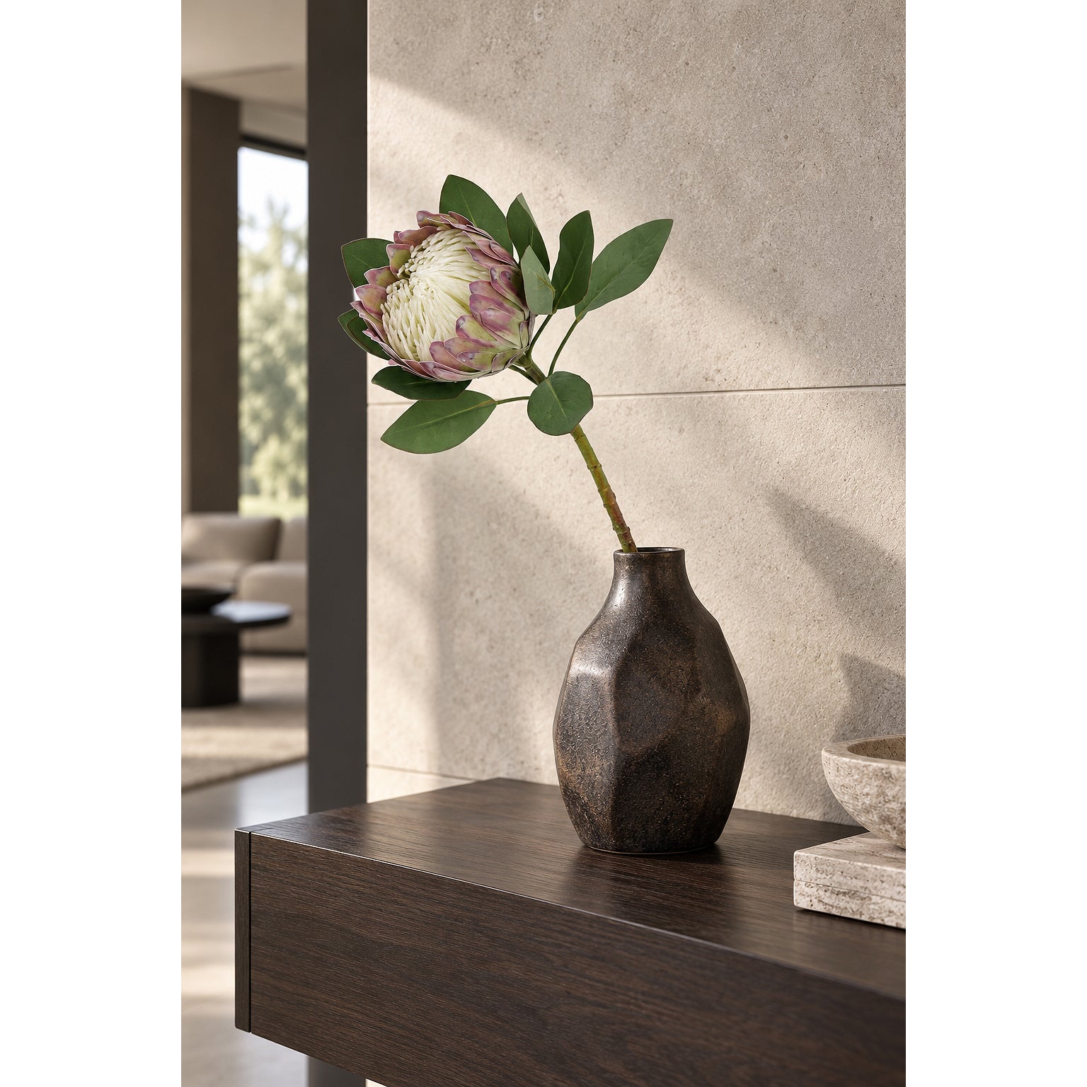 White and chestnut artificial King Protea stem styled in a sculptural stoneware vase.