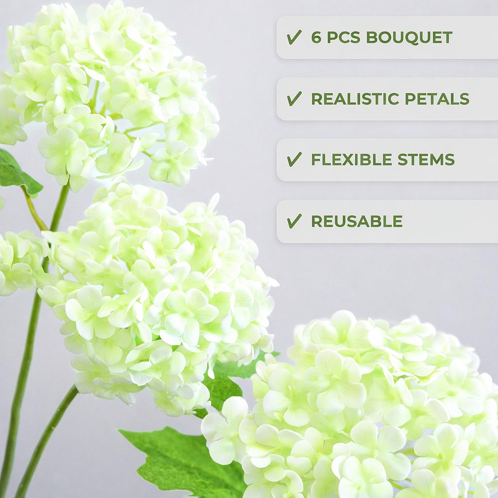 White and green real touch hydrangea features graphic showing a six-stem bouquet, flexible stems and reusable design.