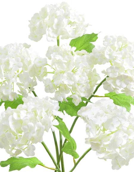 Six white real touch hydrangea stems with rounded blooms and green leaves on a white background.