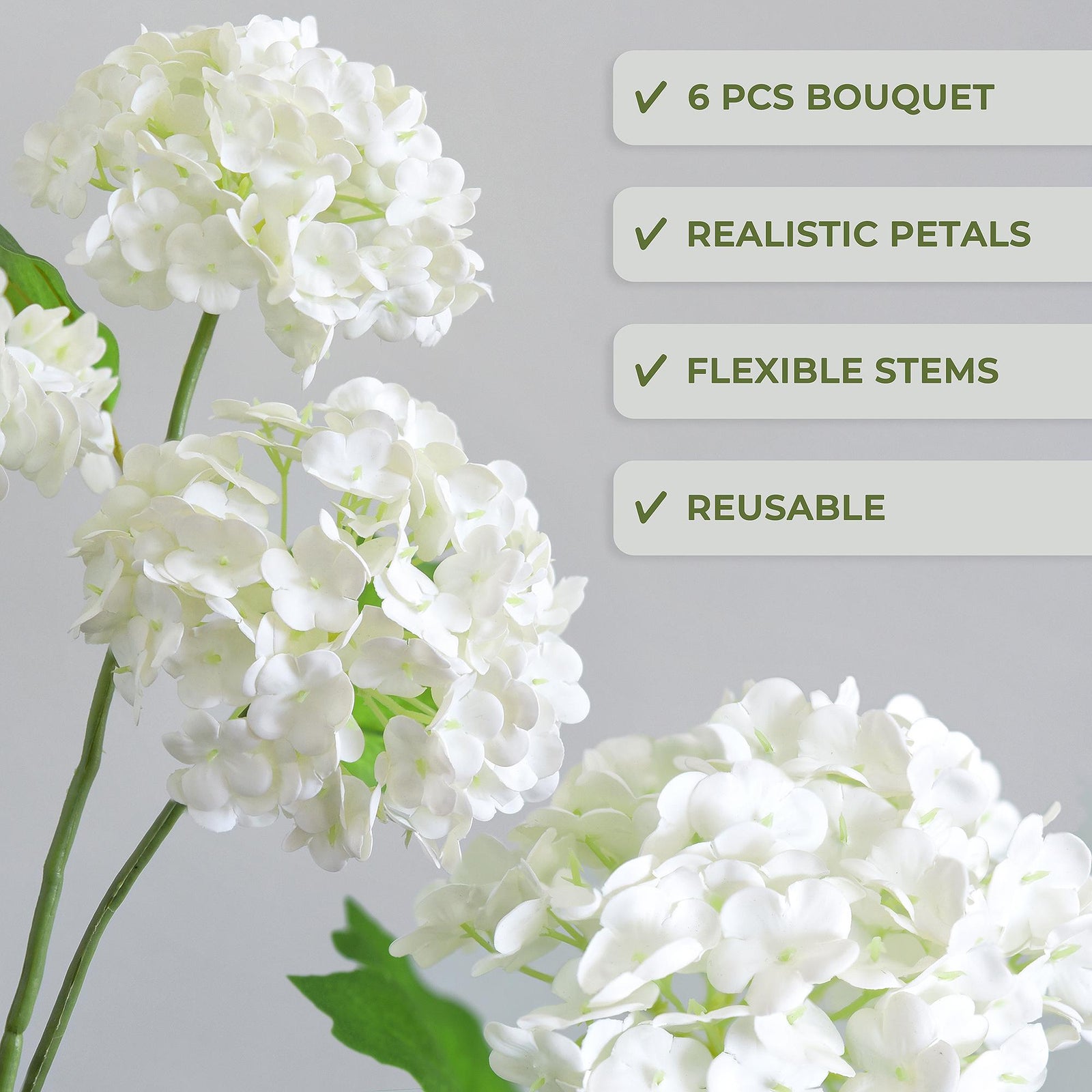 White real touch hydrangea features graphic showing a six-stem bouquet, flexible stems and reusable design.