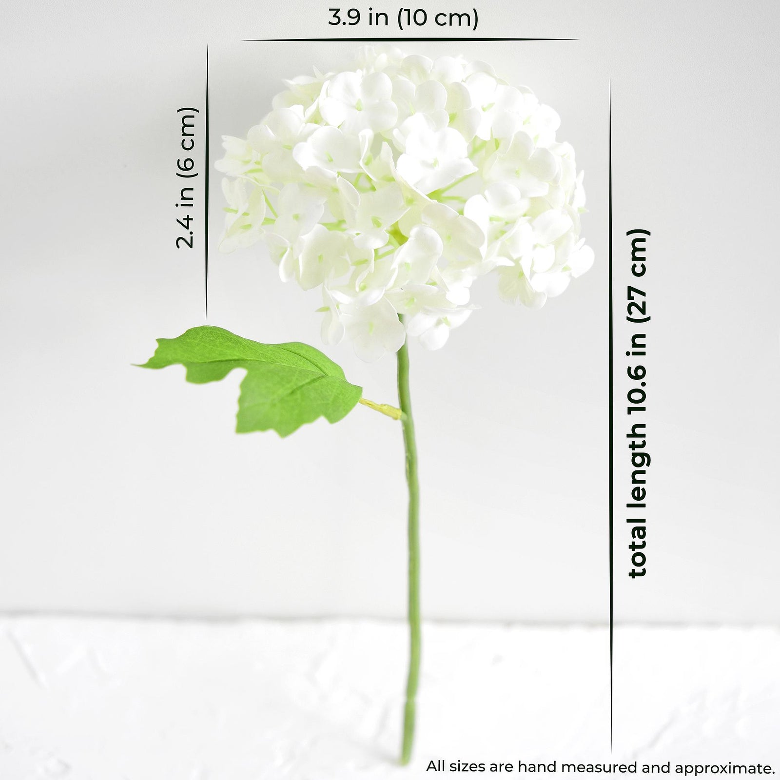 Size guide for one white real touch hydrangea stem showing approximate length and bloom measurements.