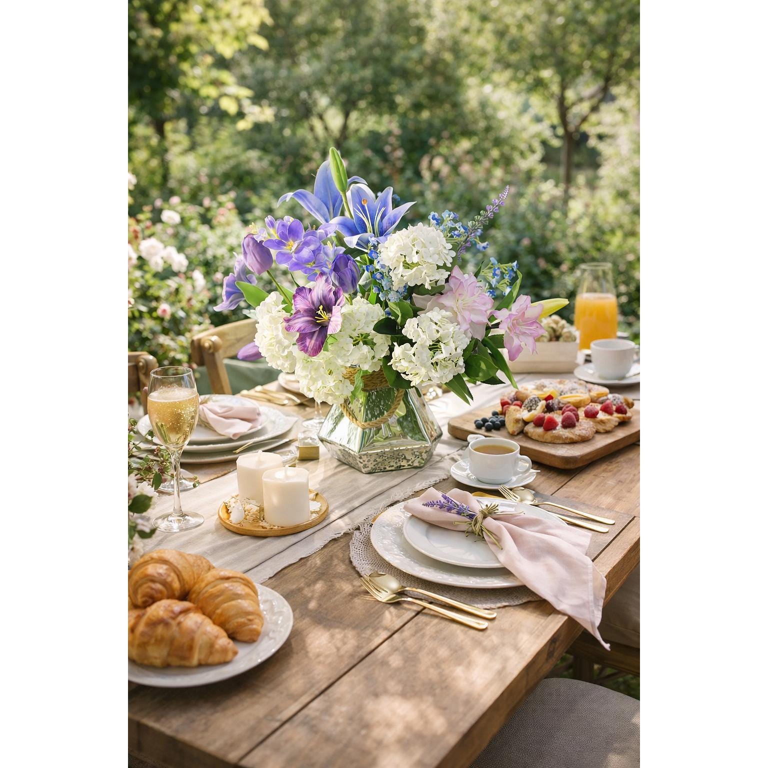 Mixed floral centerpiece with white hydrangeas on an outdoor dining table.