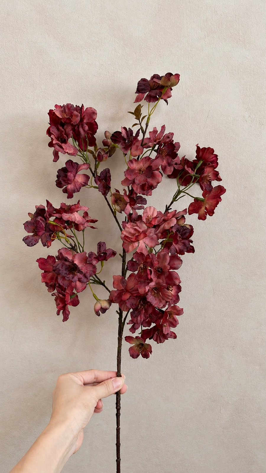 Wine burgundy artificial cherry blossom branch, 31.5 inch full length