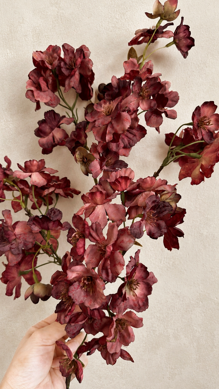 Close-up of wine burgundy artificial cherry blossom flowers, buds and branch detail