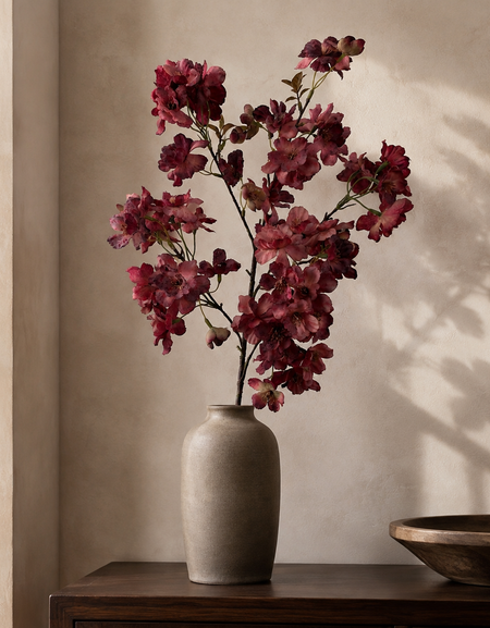 Wine burgundy artificial cherry blossom branch styled in a taupe vase on a dark wood console