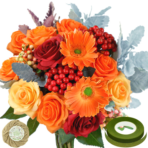 26 PCS DIY Set Real Touch Mix Roses Gerberas Berries Artificial Flowers Arrangement Silk Bouquet for Gift Home Wedding Bridal FiveSeasonStuff