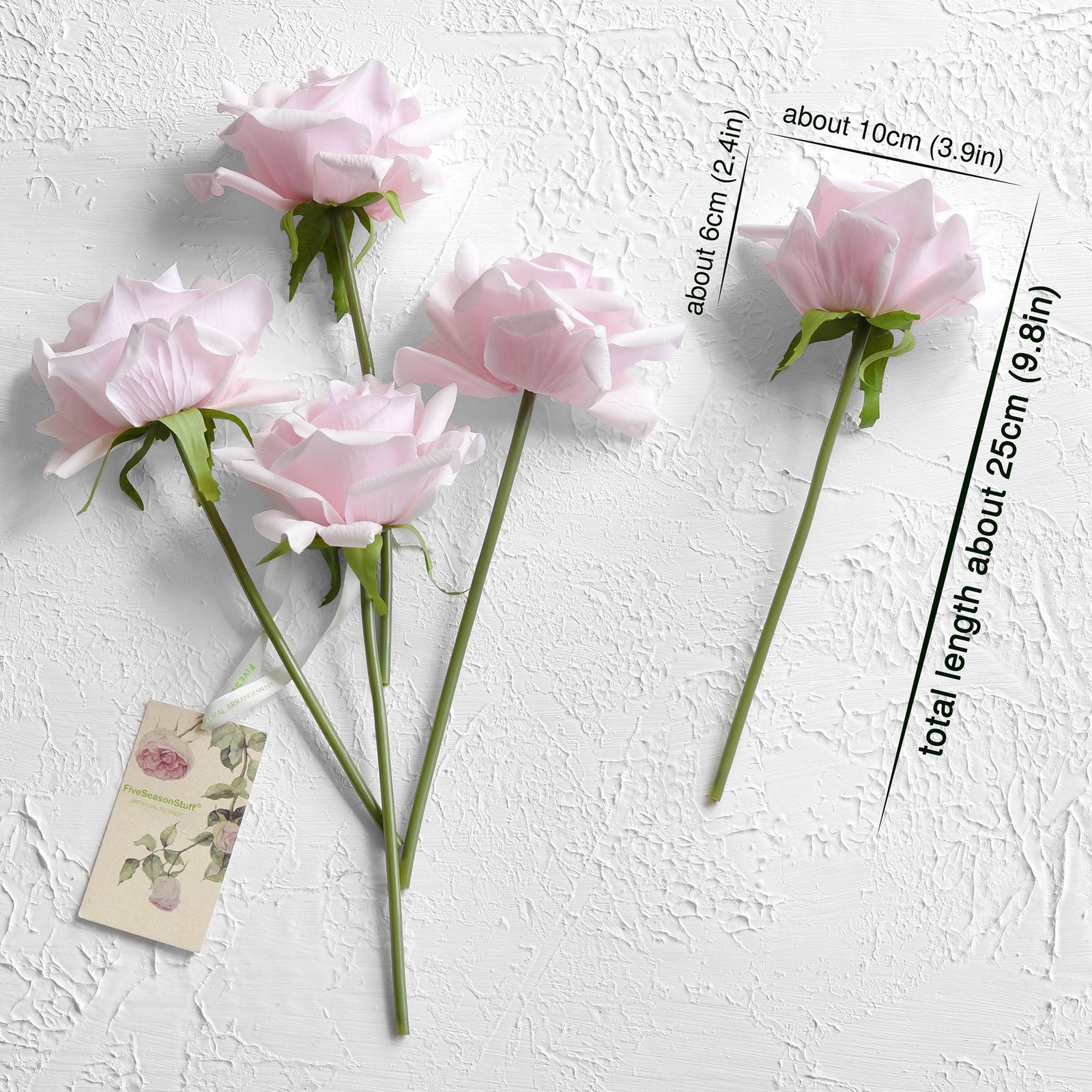 FiveSeasonStuff Light Pink Real Touch Garden Rose Artificial Flowers Wedding, Bridal, Home Décor 5 Stems 9.8"