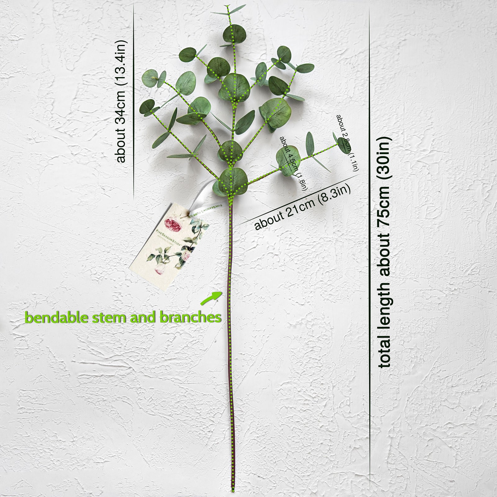 FiveSeasonStuff Real Touch Silver Dollar Eucalyptus 3D Pringting Texture Artificial Eucalyptus Leaves Decoration Home Décor ( select 3 or 5 Stems)