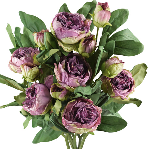 Purple Nostalgic Sentimental Rustic Vintage Silk Peony Artificial Flower Bouquet 6 Stems