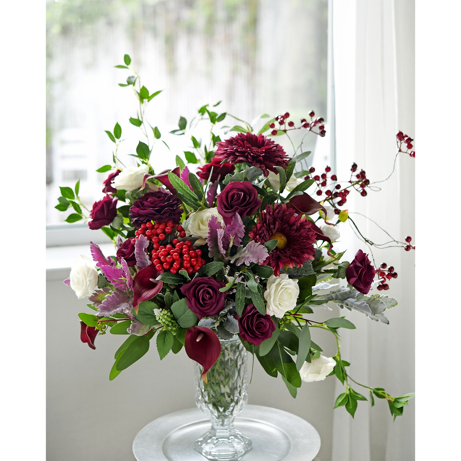 Dark Cranberry Red Real Touch Roses Artificial Silk Flowers10 Stems