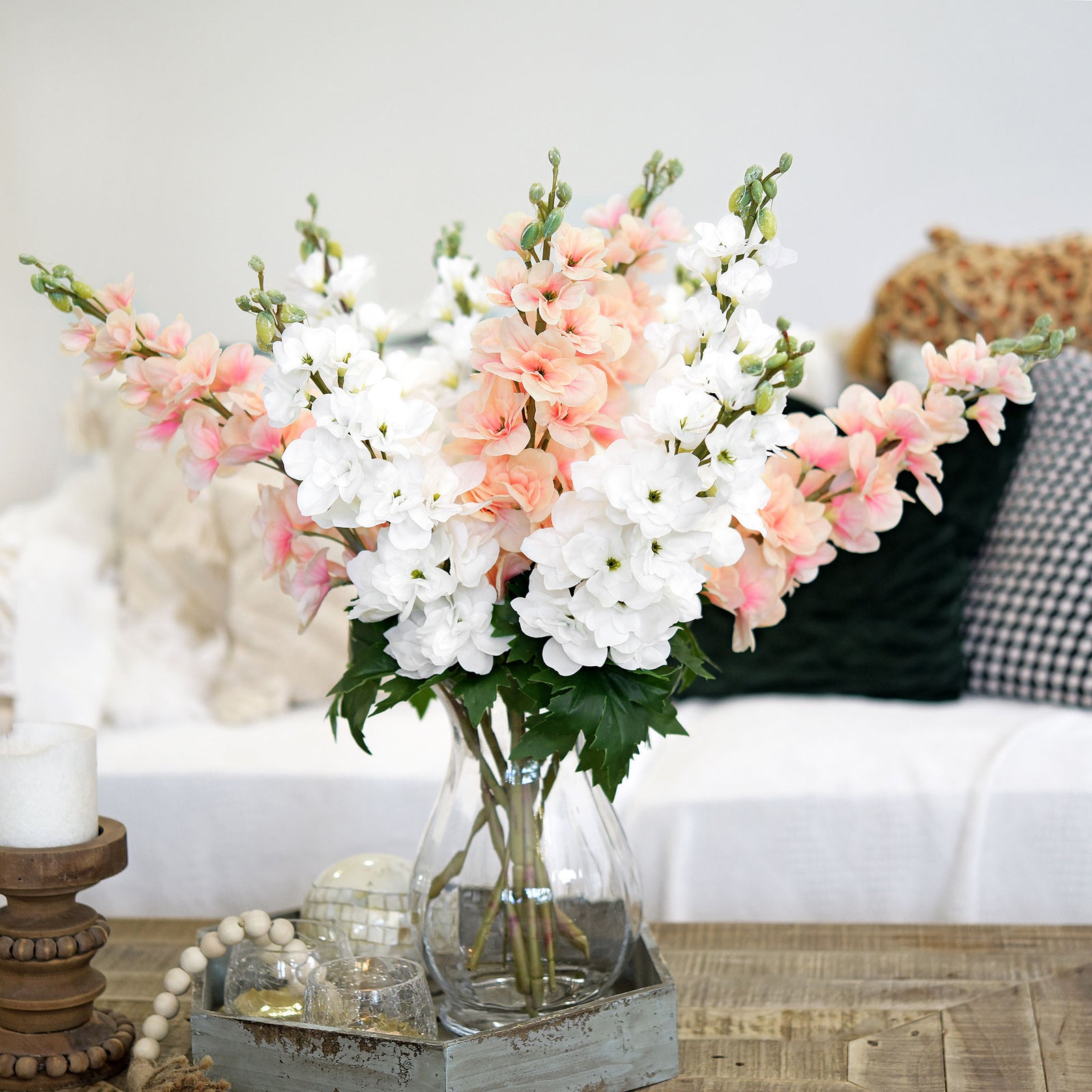 Real Touch Delphinium Peach Pink Artificial Flowers, Wildflower Arrangements 6 Stems